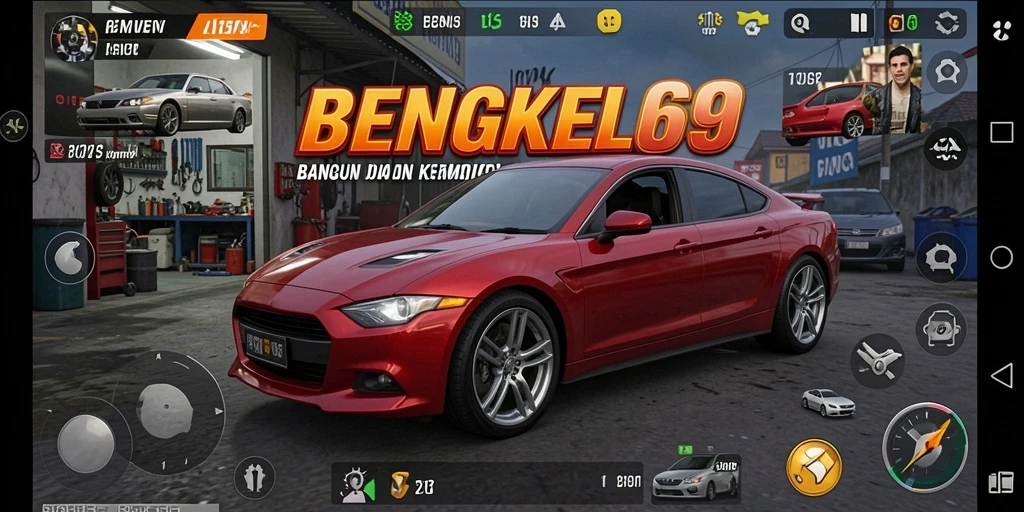 Screenshot gameplay BENGKEL69 menampilkan aktivitas memperbaiki mobil.