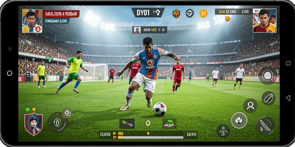 Tampilan screenshot DYO1 menampilkan aksi intens permainan sepak bola.
