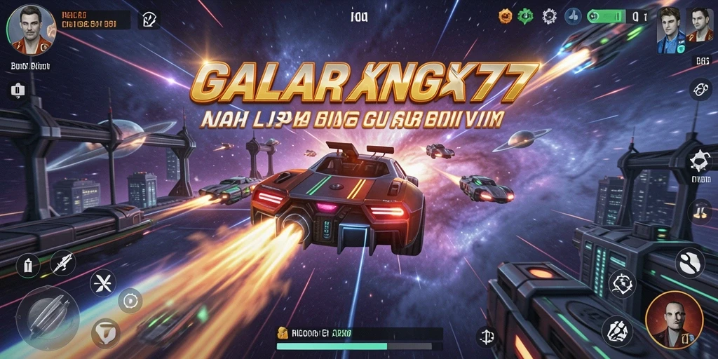 Screenshot menampilkan balapan luar angkasa yang mendebarkan dalam GALAXY77.