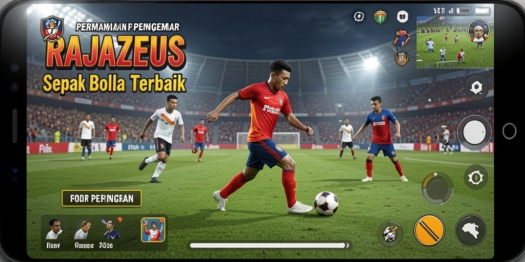Screenshot gameplay RAJAZEUS yang menggambarkan pertandingan sepak bola yang seru.
